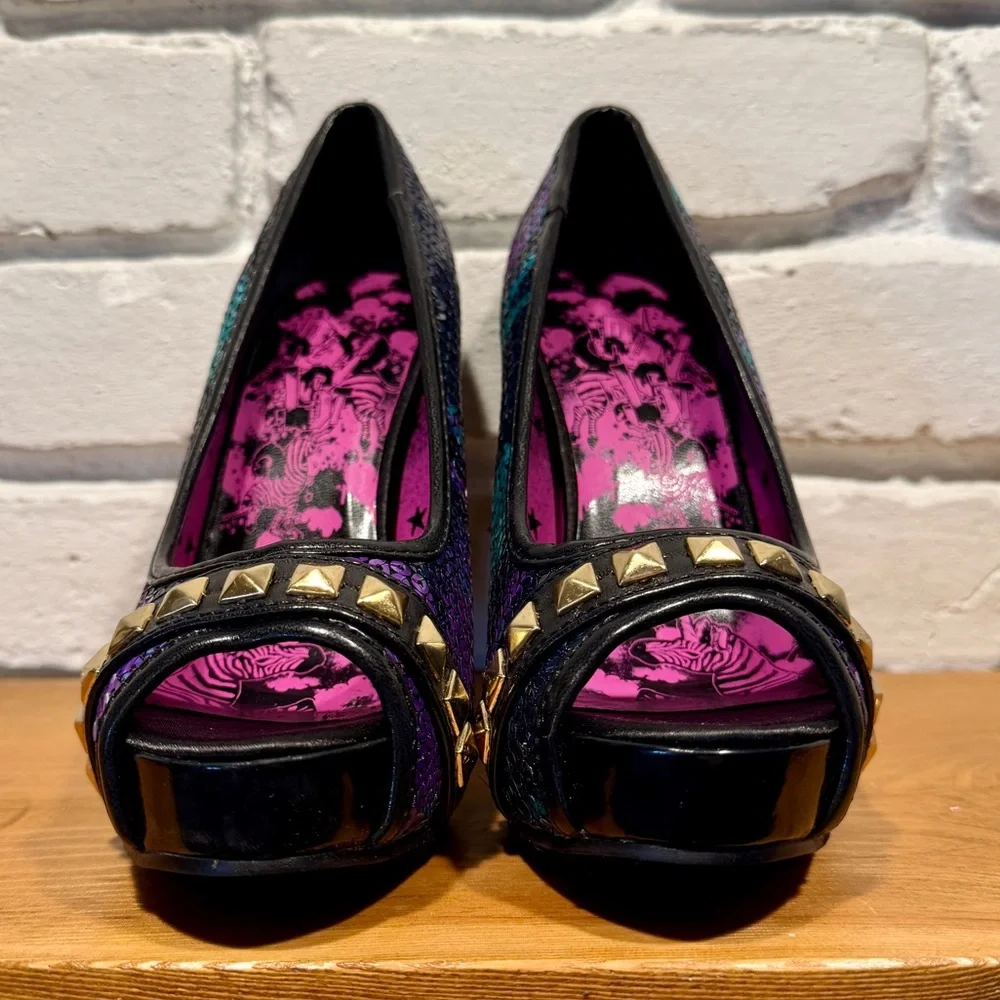 Iron Fist Sequin Platform Heels Purple Turquoise Studded Peep Toe Pumps Size 5